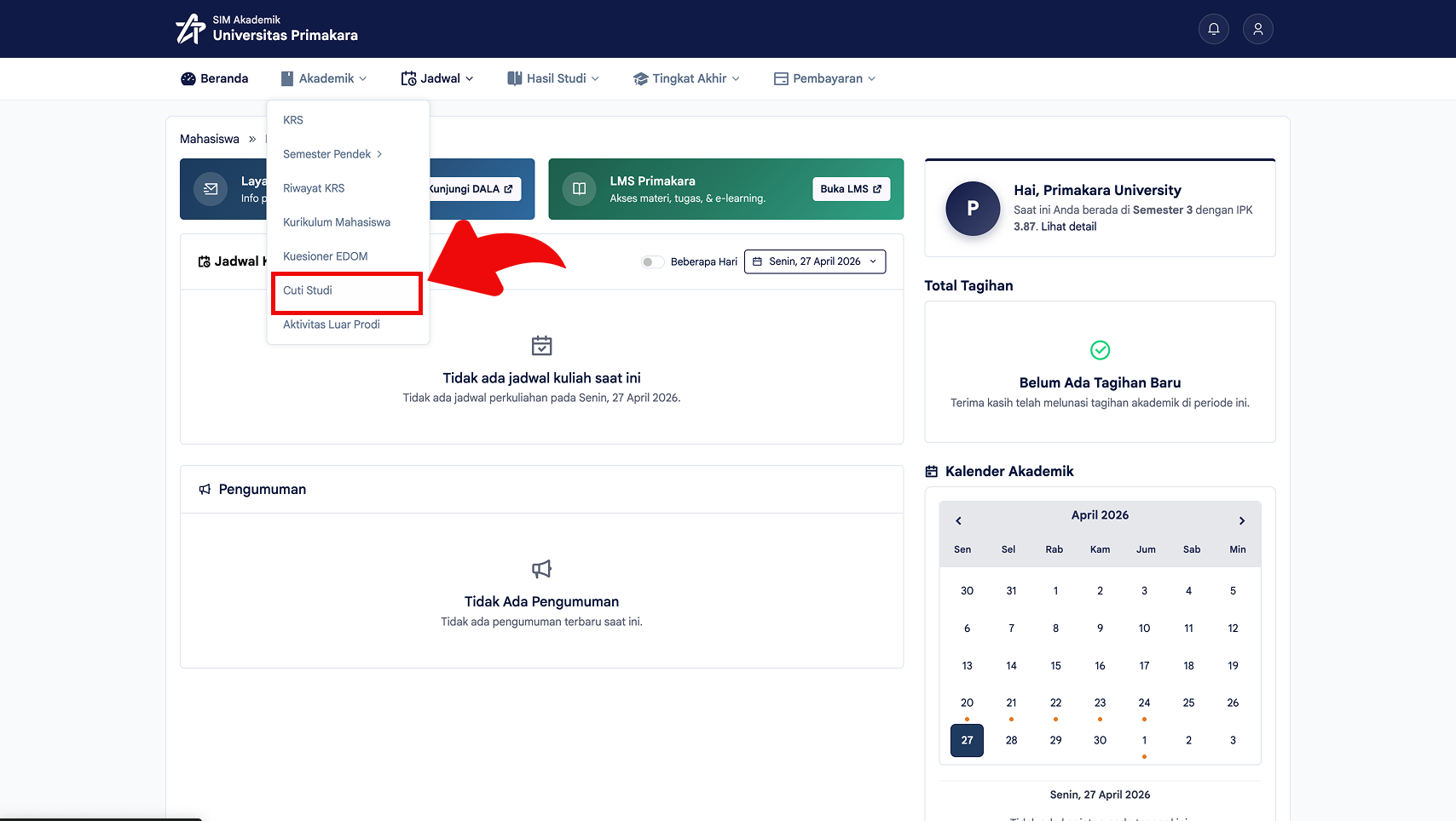 Membuka menu Akademik menuju Kuesioner EDOM