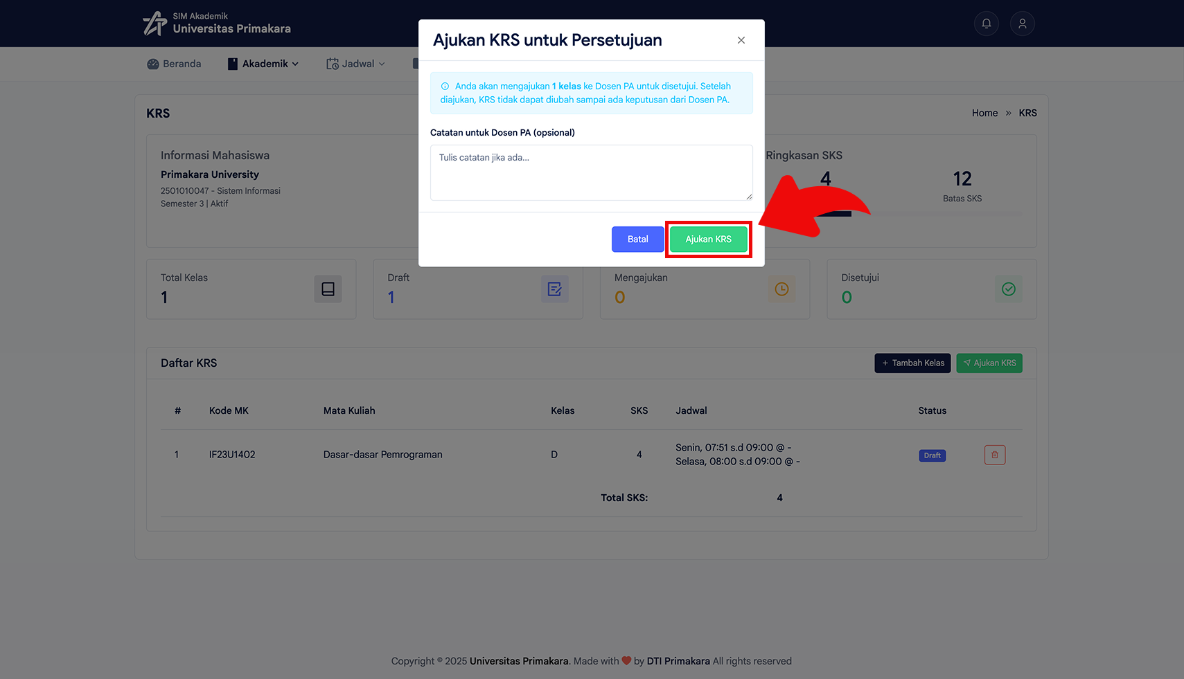 Konfirmasi pengajuan KRS pada popup Ajukan KRS